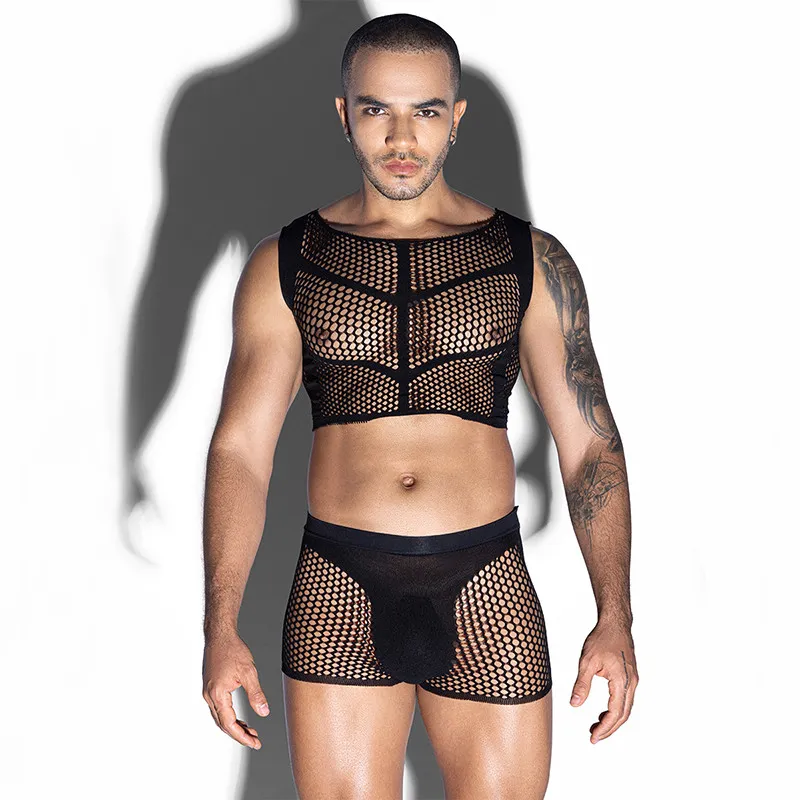 [SR-9129] Ensemble résille homme noir top court et shorty