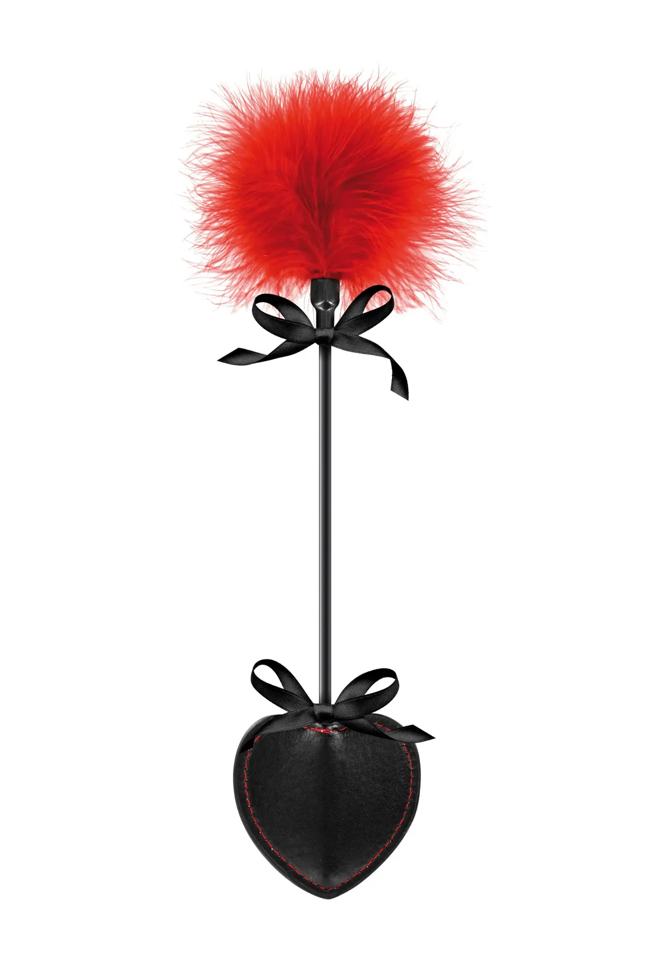 [570073] Cravache BDSM avec tapette cœur noir et plumeau rouge